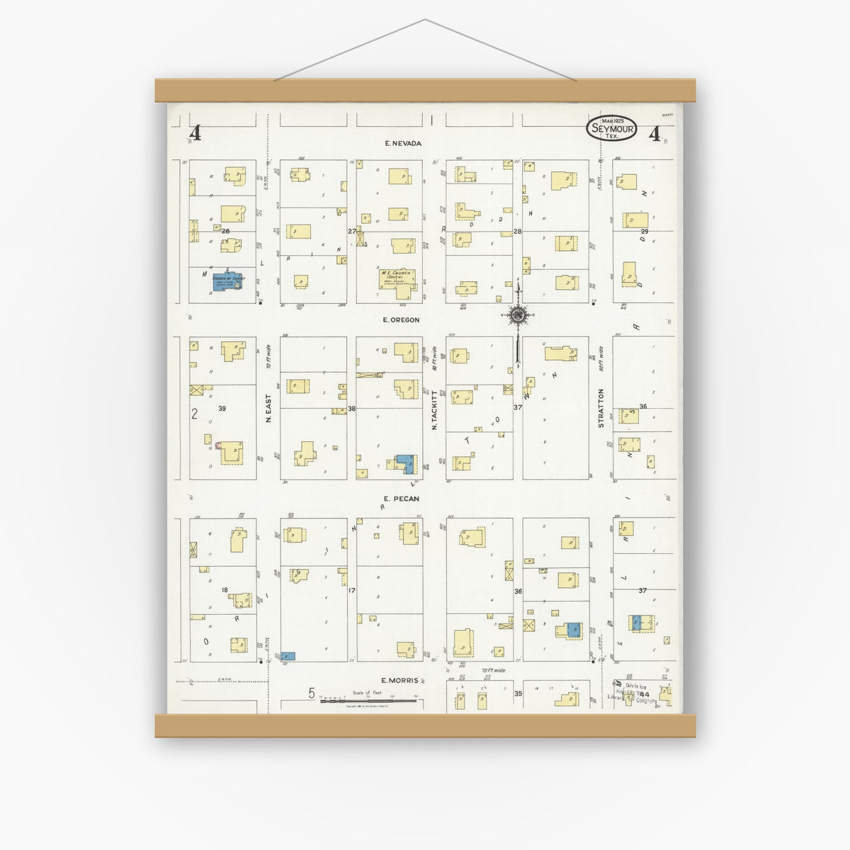 Old map wall art mockup — magnetic wood frame on white wall — Sanborn Fire Insurance Map from Seymour, Baylor County, Texas (1925), Sheet #0004
