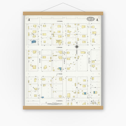 Old map wall art mockup — magnetic wood frame on white wall — Sanborn Fire Insurance Map from Seymour, Baylor County, Texas (1925), Sheet #0004