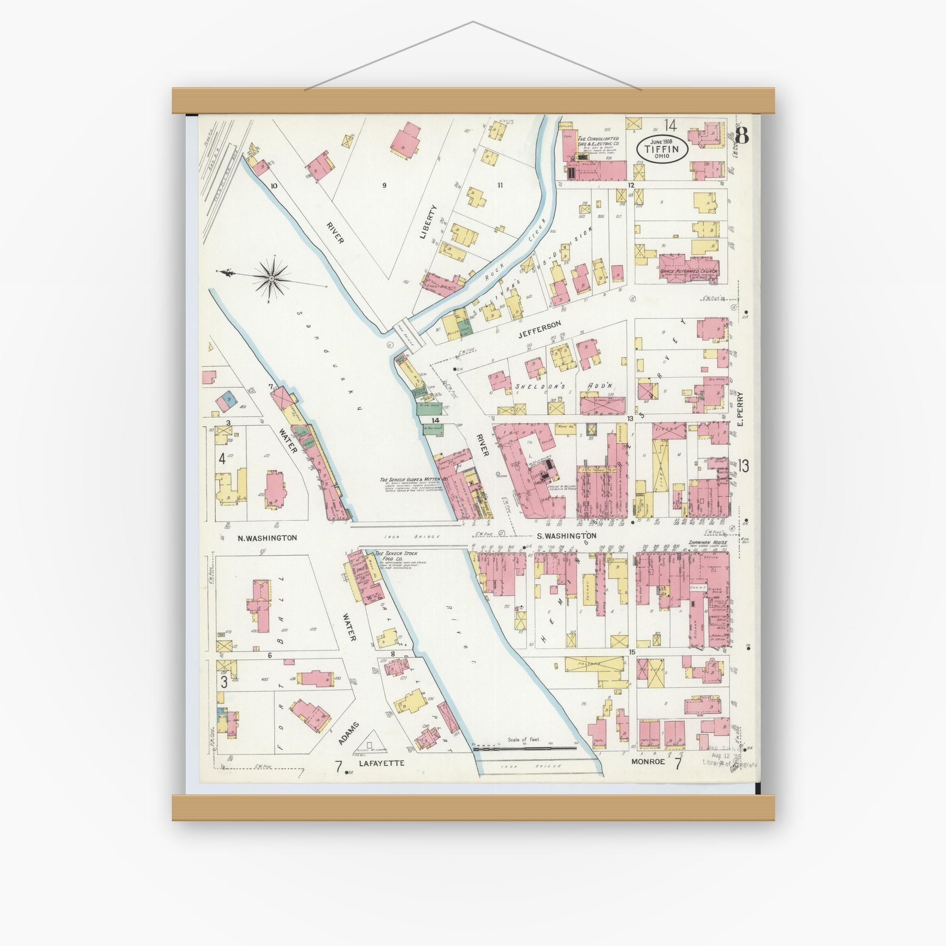 Old map wall art mockup — magnetic wood frame on white wall — Sanborn Fire Insurance Map from Tiffin, Seneca County, Ohio (1908), Sheet #0008