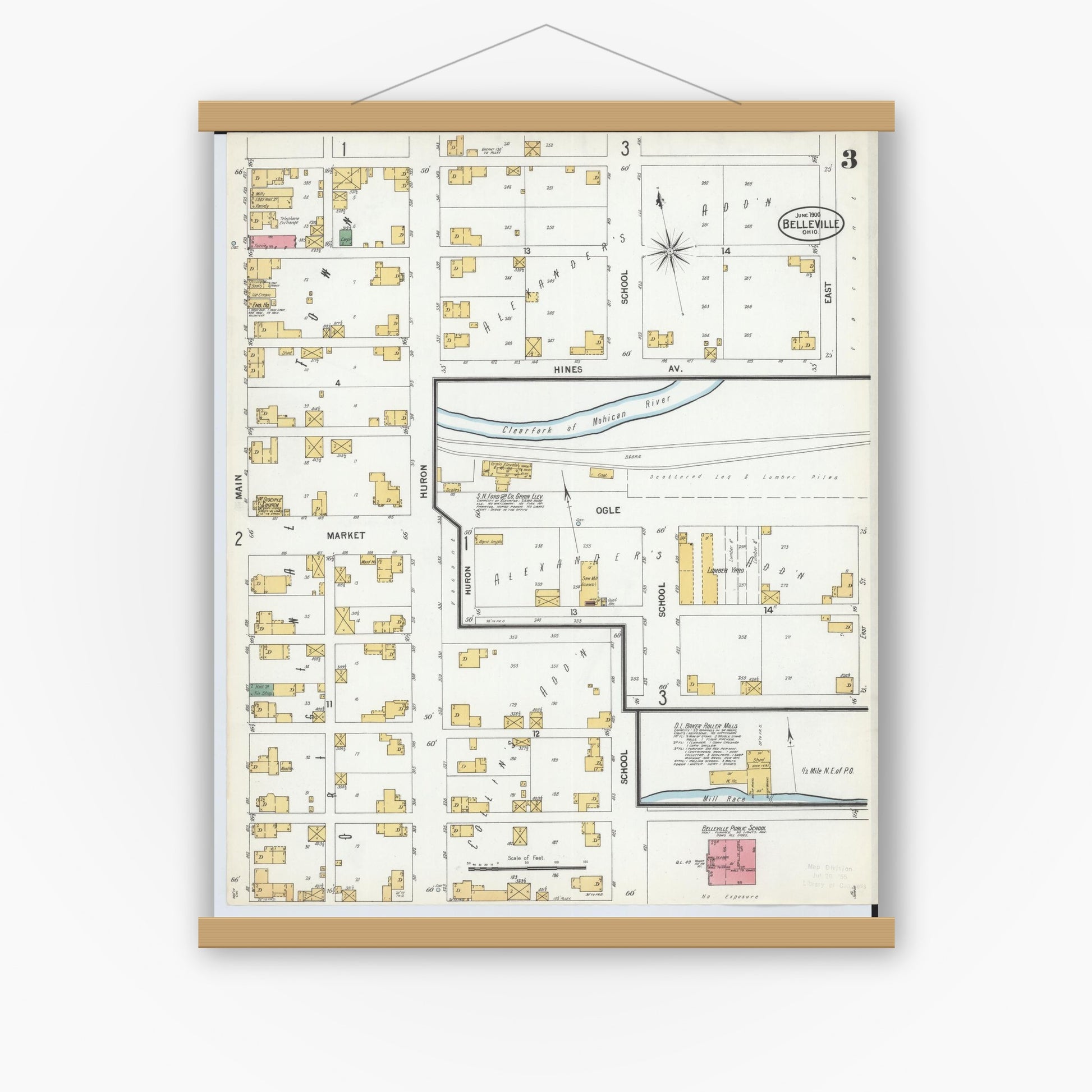Old map wall art mockup — magnetic wood frame on white wall — Sanborn Fire Insurance Map from Bellville, Richland County, Ohio (1900), Sheet #0003