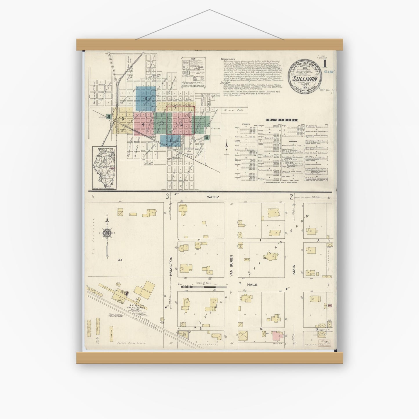 Old map wall art mockup — magnetic wood frame on white wall — Sanborn Fire Insurance Map from Sullivan, Moultrie County, Illinois (1914) - Complete Map Set