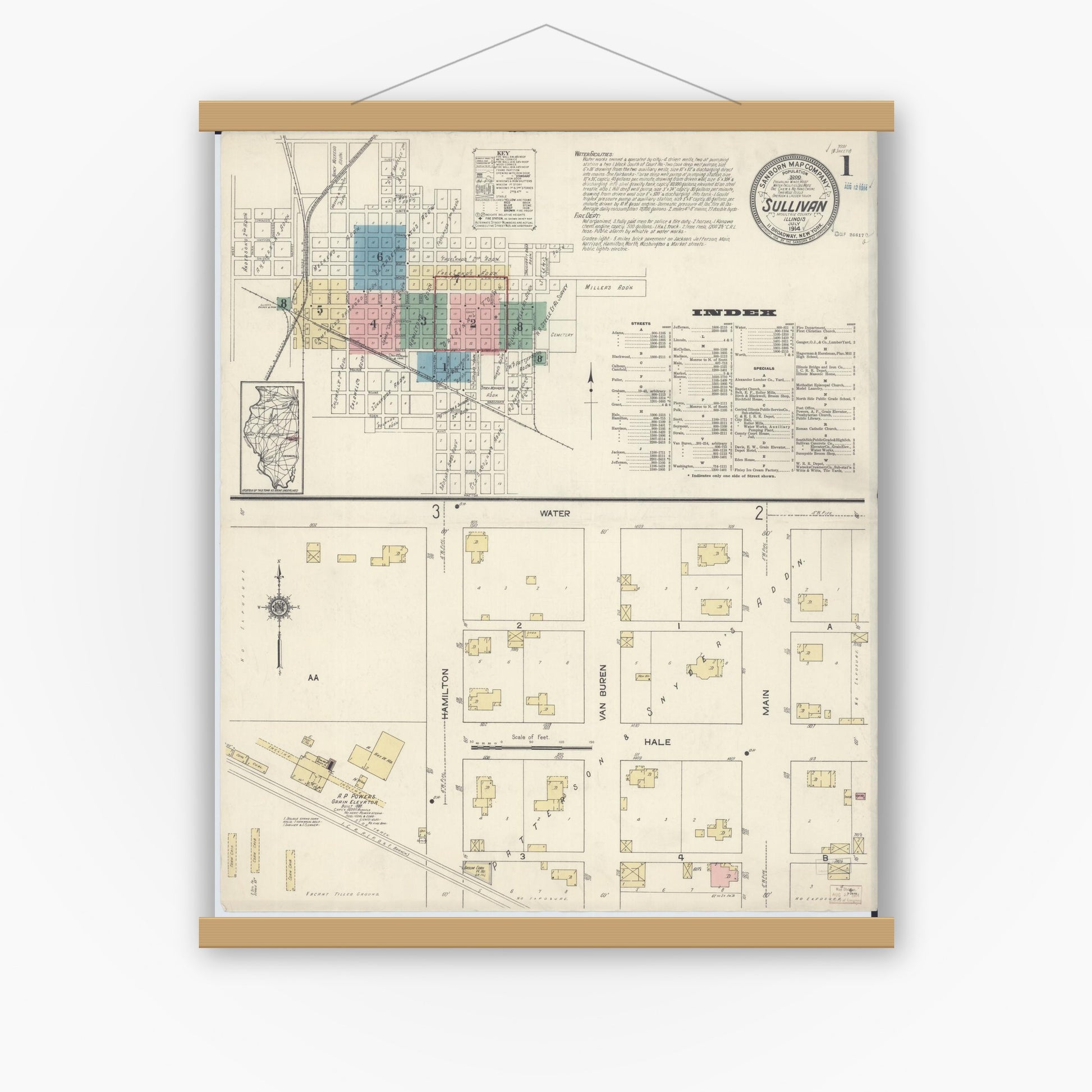 Old map wall art mockup — magnetic wood frame on white wall — Sanborn Fire Insurance Map from Sullivan, Moultrie County, Illinois (1914) - Complete Map Set
