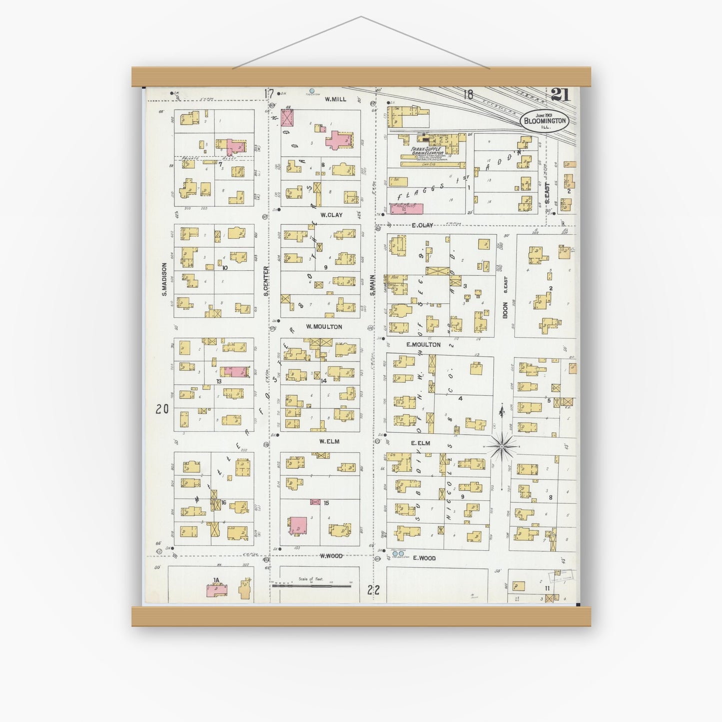 Old map wall art mockup — magnetic wood frame on white wall — Sanborn Fire Insurance Map from Bloomington, McLean County, Illinois (1901), Sheet #0021