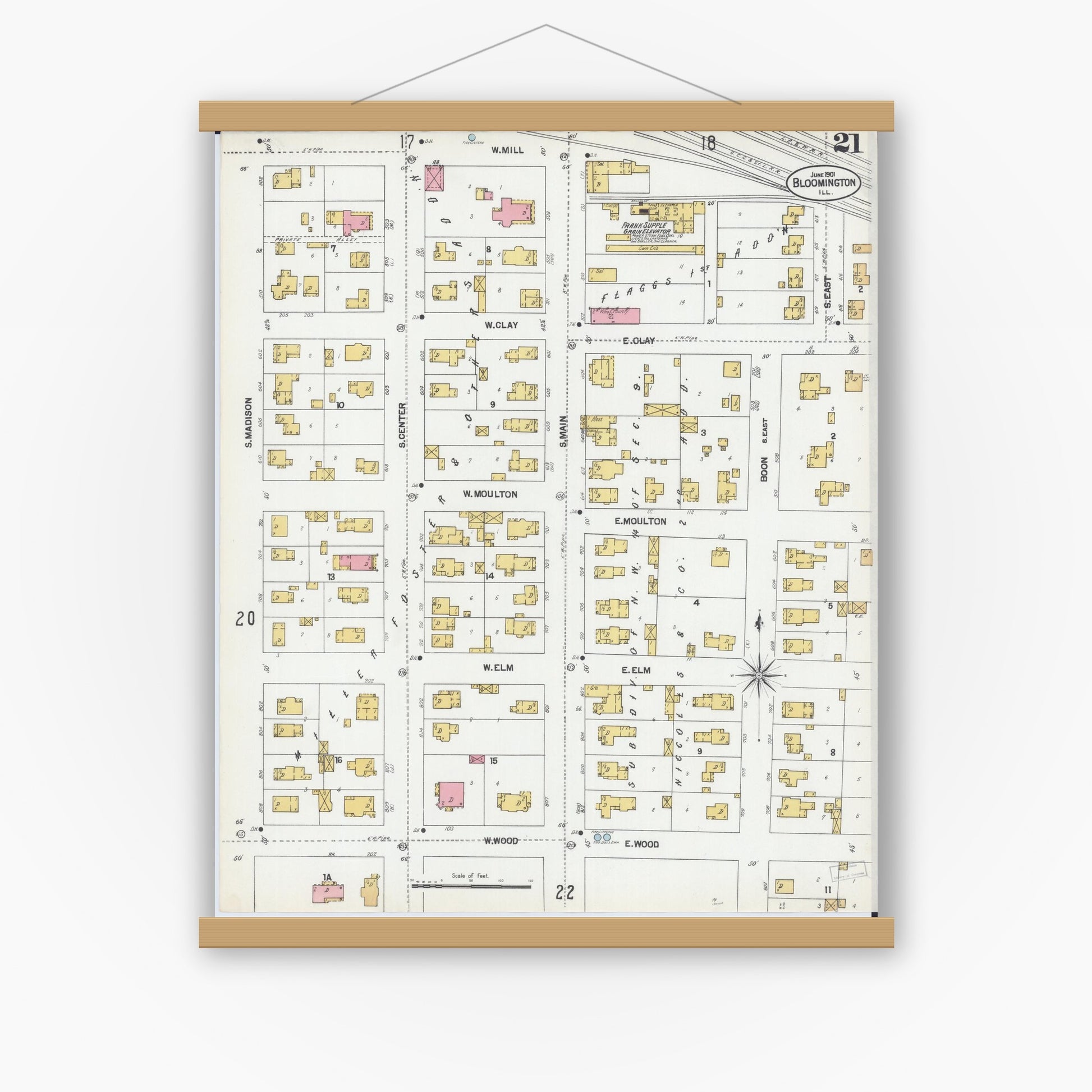 Old map wall art mockup — magnetic wood frame on white wall — Sanborn Fire Insurance Map from Bloomington, McLean County, Illinois (1901), Sheet #0021