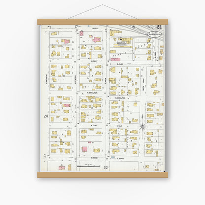 Old map wall art mockup — magnetic wood frame on white wall — Sanborn Fire Insurance Map from Bloomington, McLean County, Illinois (1901), Sheet #0021