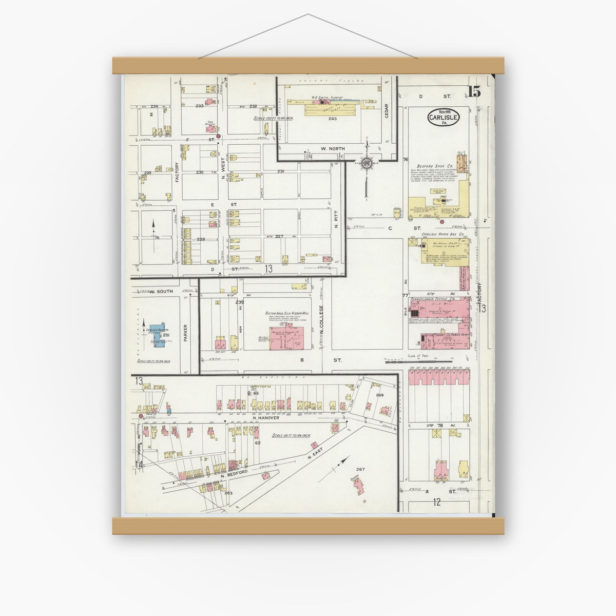 Old map wall art mockup — magnetic wood frame on white wall — Sanborn Fire Insurance Map from Carlisle, Cumberland County, Pennsylvania (1915), Sheet #0015