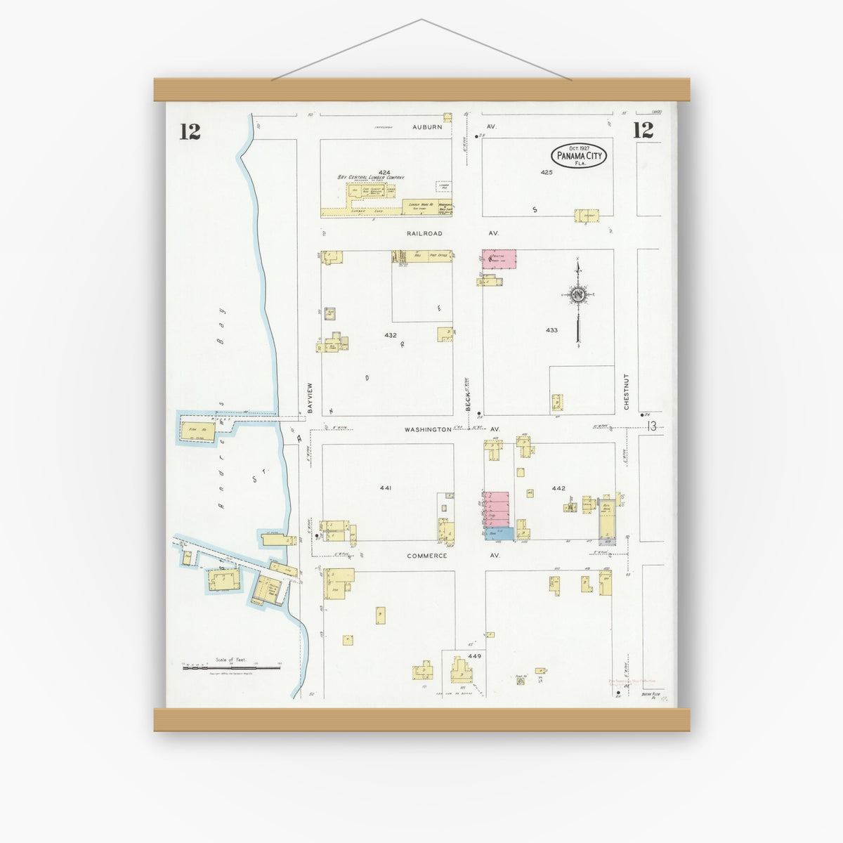 Old map wall art mockup — magnetic wood frame on white wall — Sanborn Fire Insurance Map from Panama City, Bay County, Florida (1927), Sheet #0012