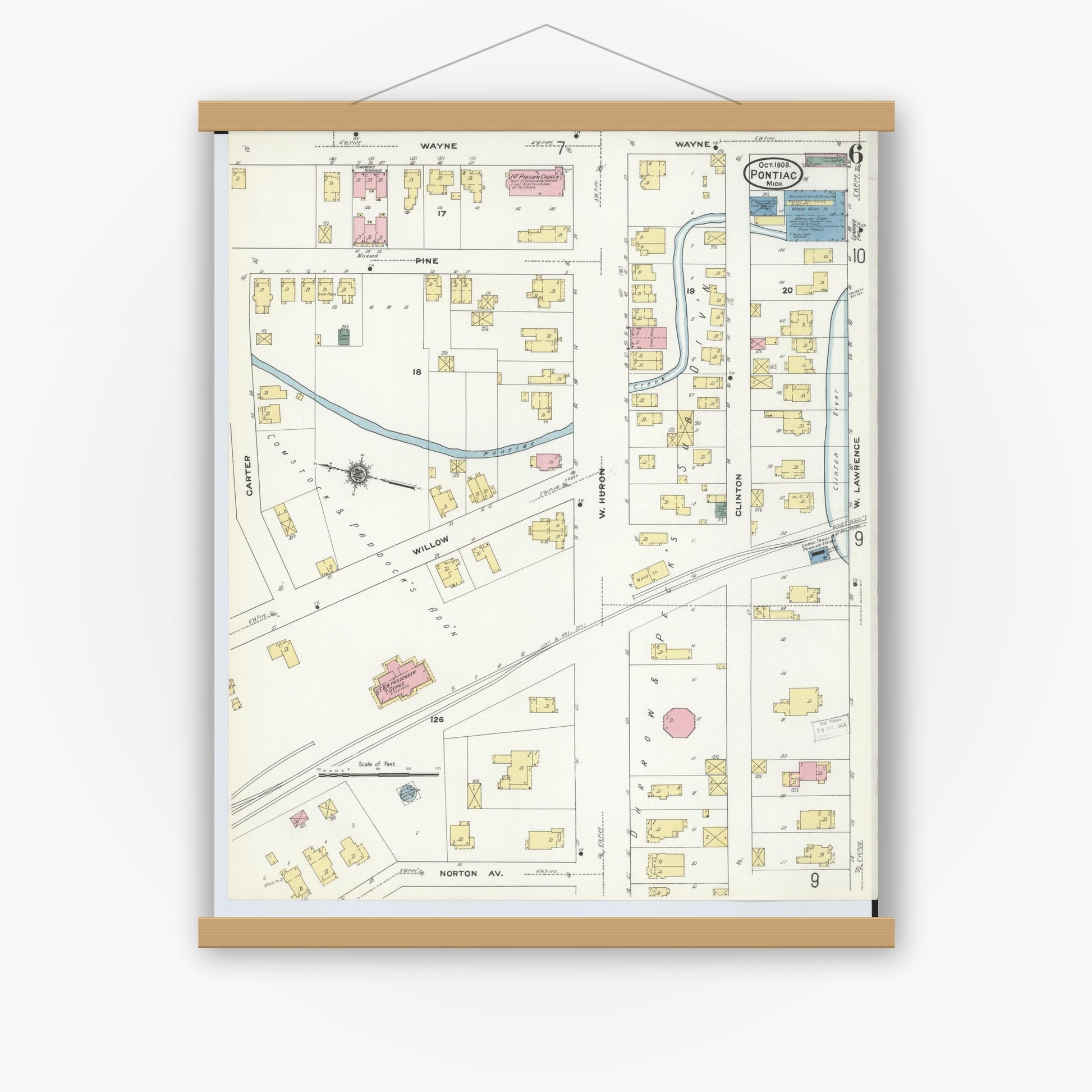 Old map wall art mockup — magnetic wood frame on white wall — Sanborn Fire Insurance Map from Pontiac, Oakland County, Michigan (1909), Sheet #0006