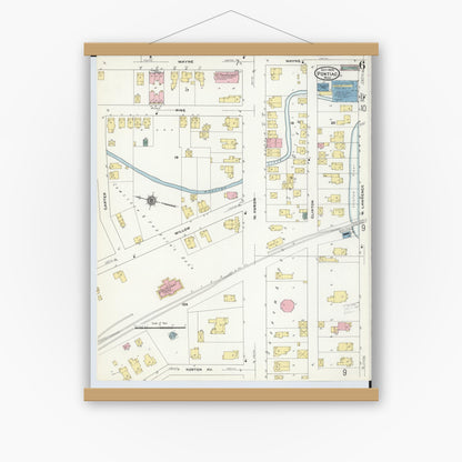 Old map wall art mockup — magnetic wood frame on white wall — Sanborn Fire Insurance Map from Pontiac, Oakland County, Michigan (1909), Sheet #0006