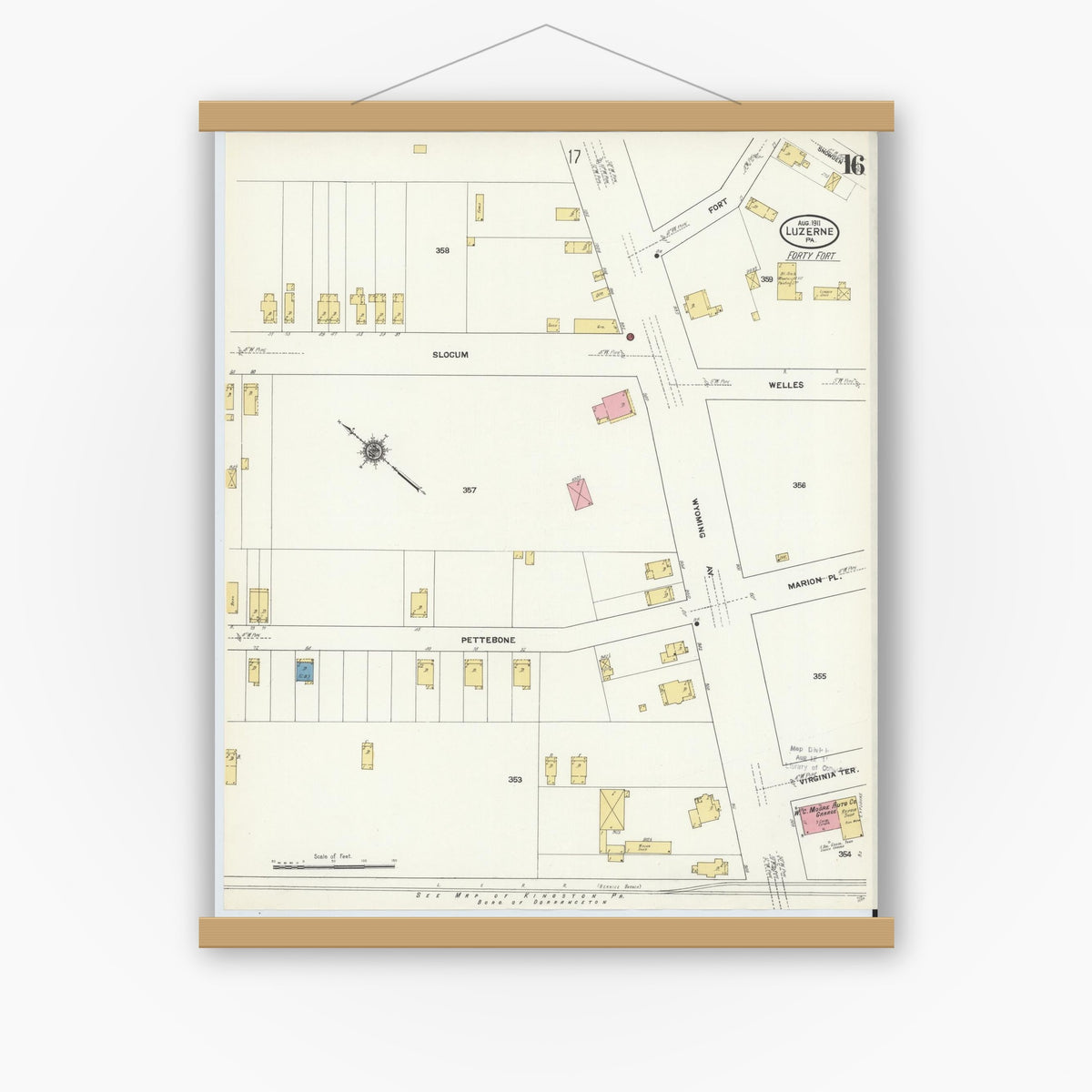 Old map wall art mockup — magnetic wood frame on white wall — Sanborn Fire Insurance Map from Luzerne, Luzerne County, Pennsylvania (1911), Sheet #0016