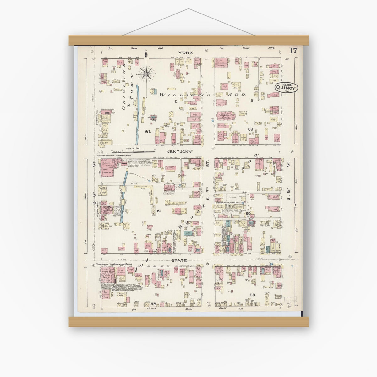 Old map wall art mockup — magnetic wood frame on white wall — Sanborn Fire Insurance Map from Quincy, Adams County, Illinois (1883), Sheet #0017
