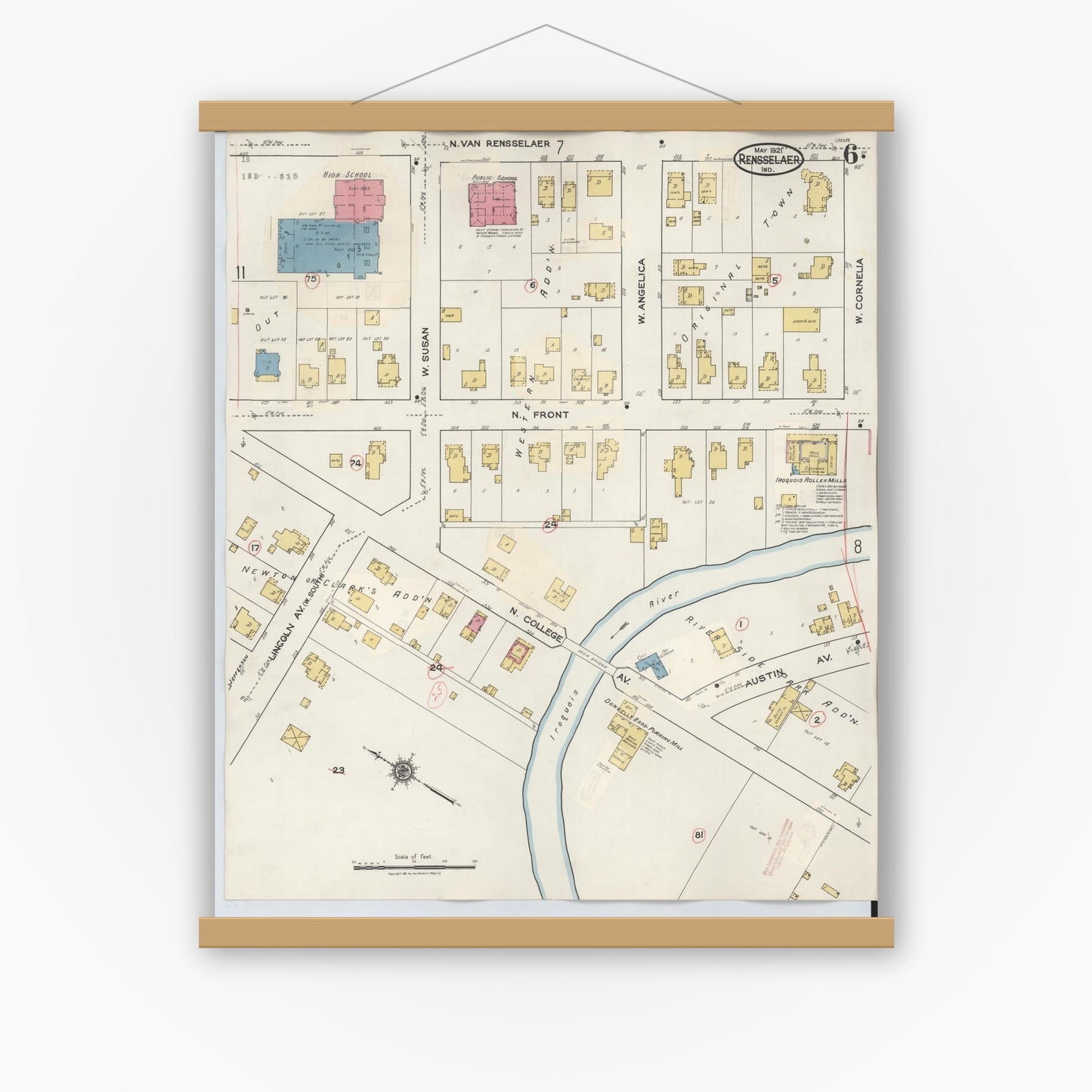 Old map wall art mockup — magnetic wood frame on white wall — Sanborn Fire Insurance Map from Rensselaer, Jasper County, Indiana (1942), Sheet #0006