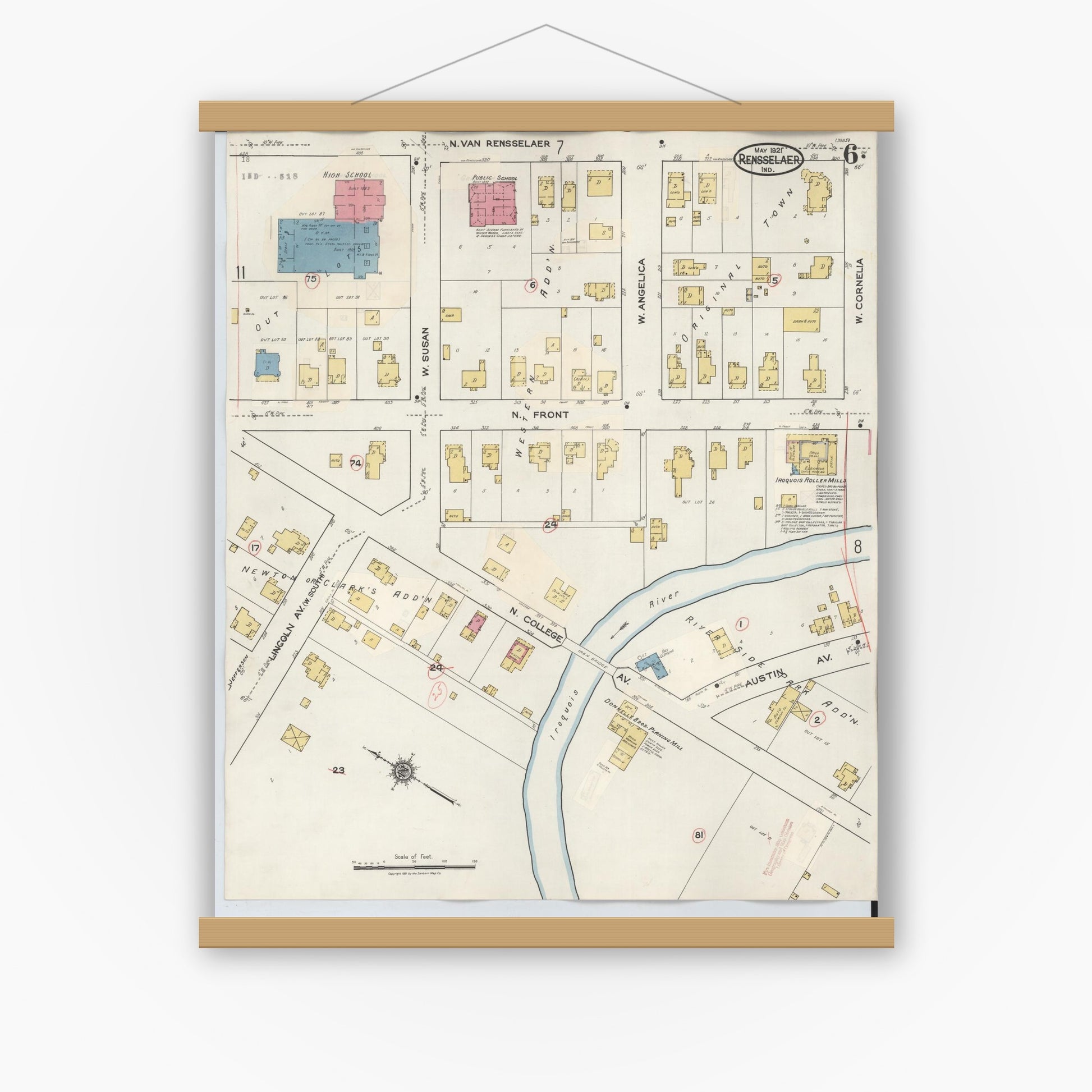 Old map wall art mockup — magnetic wood frame on white wall — Sanborn Fire Insurance Map from Rensselaer, Jasper County, Indiana (1942), Sheet #0006