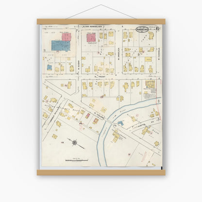Old map wall art mockup — magnetic wood frame on white wall — Sanborn Fire Insurance Map from Rensselaer, Jasper County, Indiana (1942), Sheet #0006