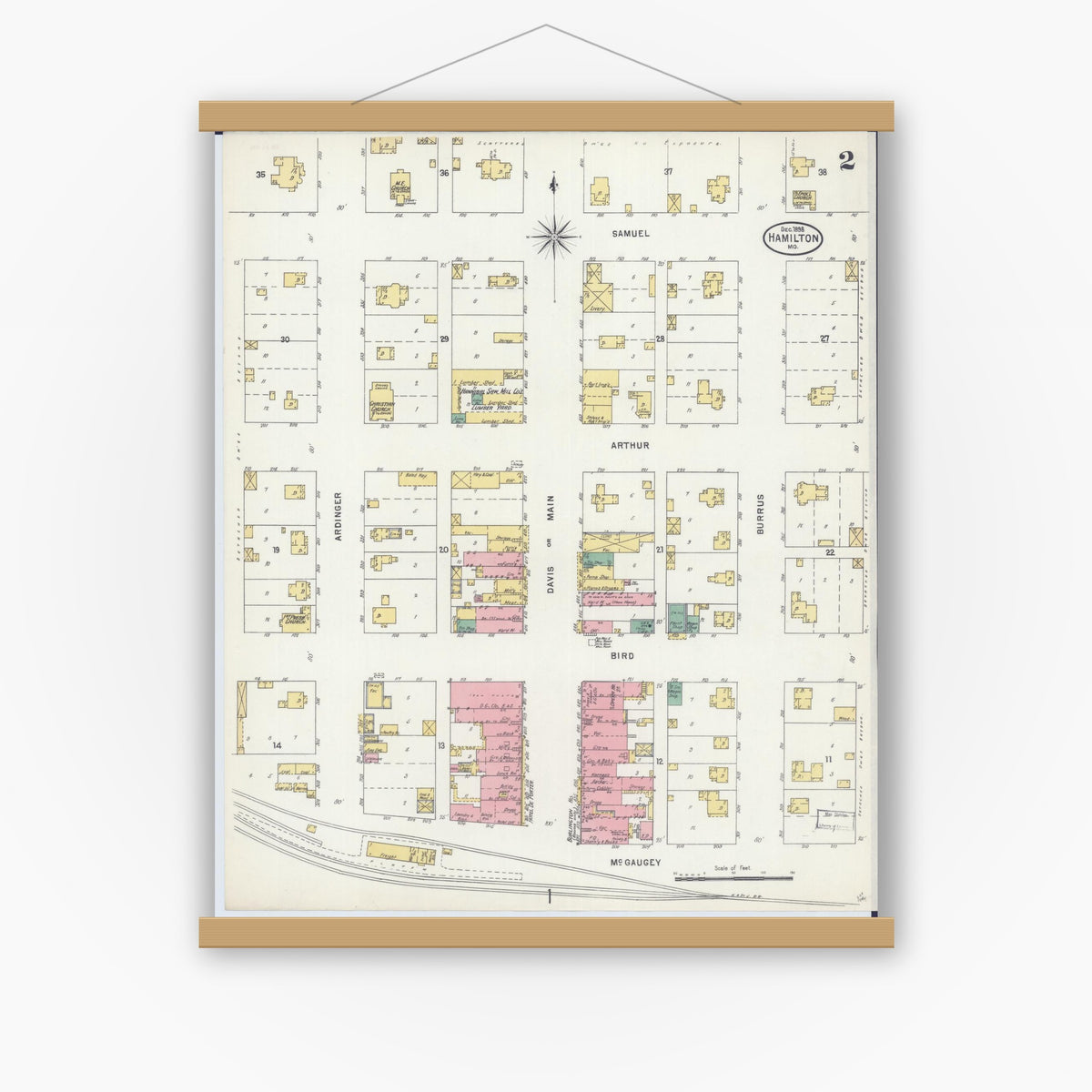 Old map wall art mockup — magnetic wood frame on white wall — Sanborn Fire Insurance Map from Hamilton, Caldwell County, Missouri (1898), Sheet #0002
