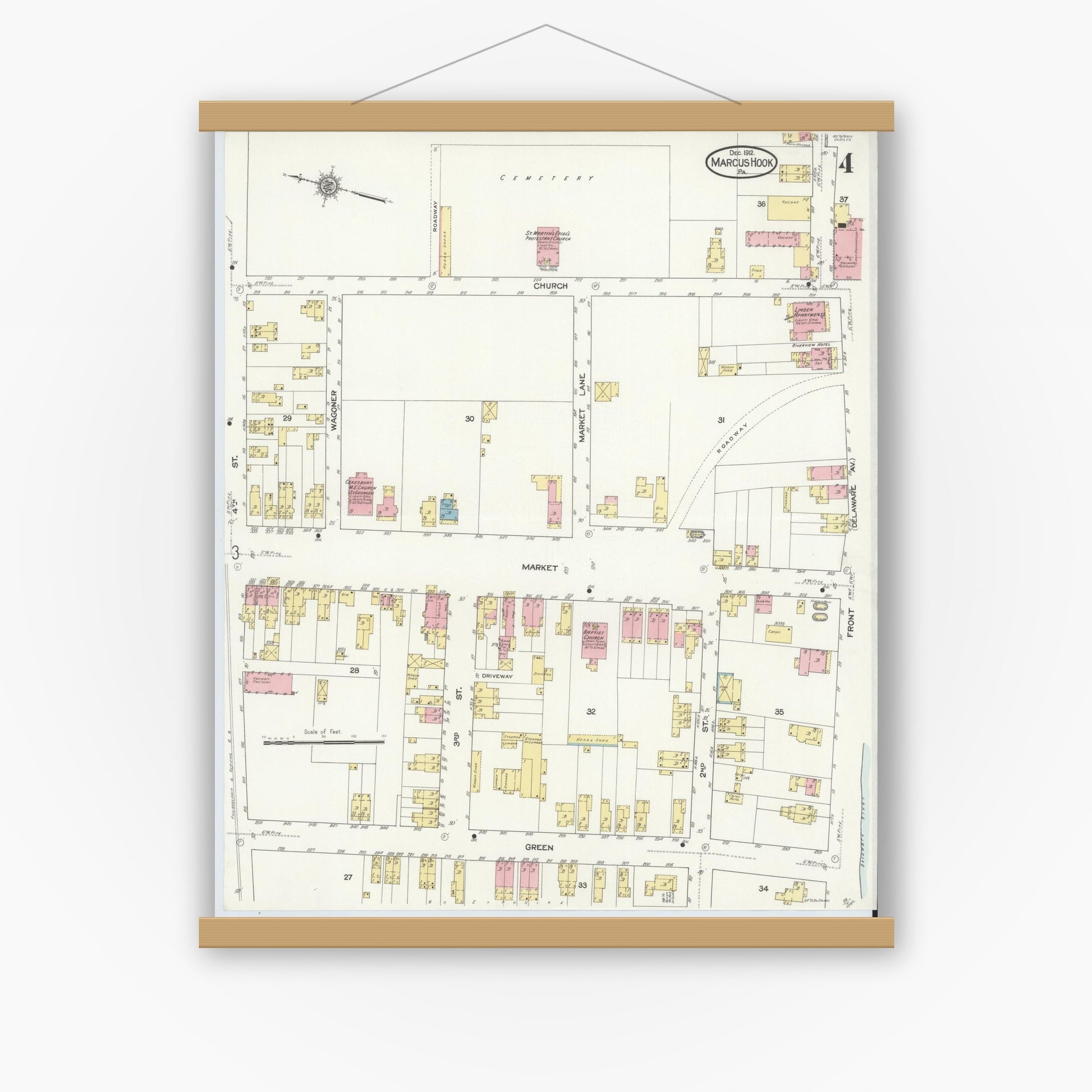 Old map wall art mockup — magnetic wood frame on white wall — Sanborn Fire Insurance Map from Marcus Hook, Chester County, Pennsylvania (1912), Sheet #0004