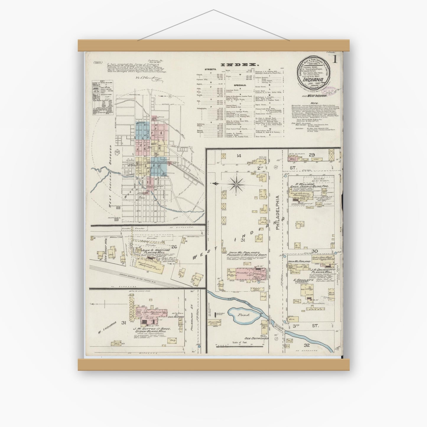Old map wall art mockup — magnetic wood frame on white wall — Sanborn Fire Insurance Map from Indiana, Indiana County, Pennsylvania (1887) - Complete Map Set