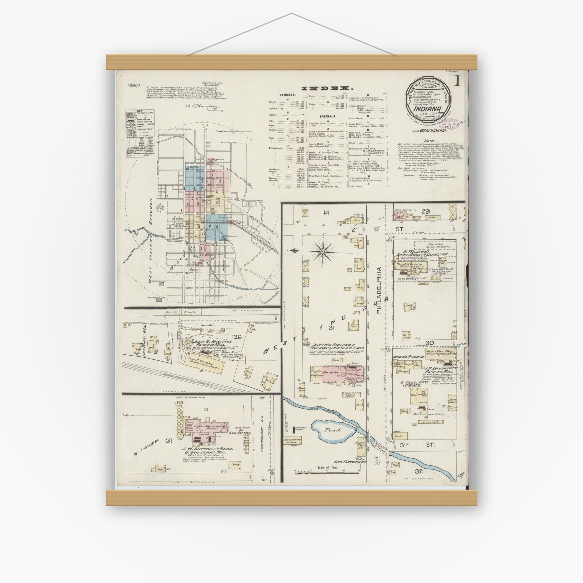 Old map wall art mockup — magnetic wood frame on white wall — Sanborn Fire Insurance Map from Indiana, Indiana County, Pennsylvania (1887) - Complete Map Set