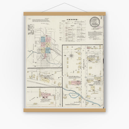 Old map wall art mockup — magnetic wood frame on white wall — Sanborn Fire Insurance Map from Indiana, Indiana County, Pennsylvania (1887) - Complete Map Set