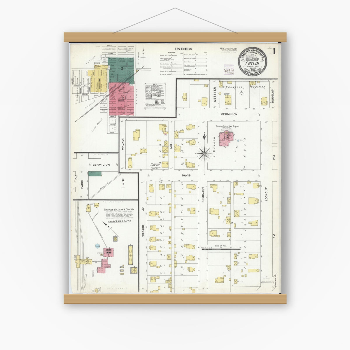 Old map wall art mockup — magnetic wood frame on white wall — Sanborn Fire Insurance Map from Catlin, Vermilion County, Illinois (1909) - Complete Map Set
