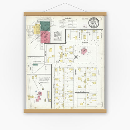Old map wall art mockup — magnetic wood frame on white wall — Sanborn Fire Insurance Map from Catlin, Vermilion County, Illinois (1909) - Complete Map Set