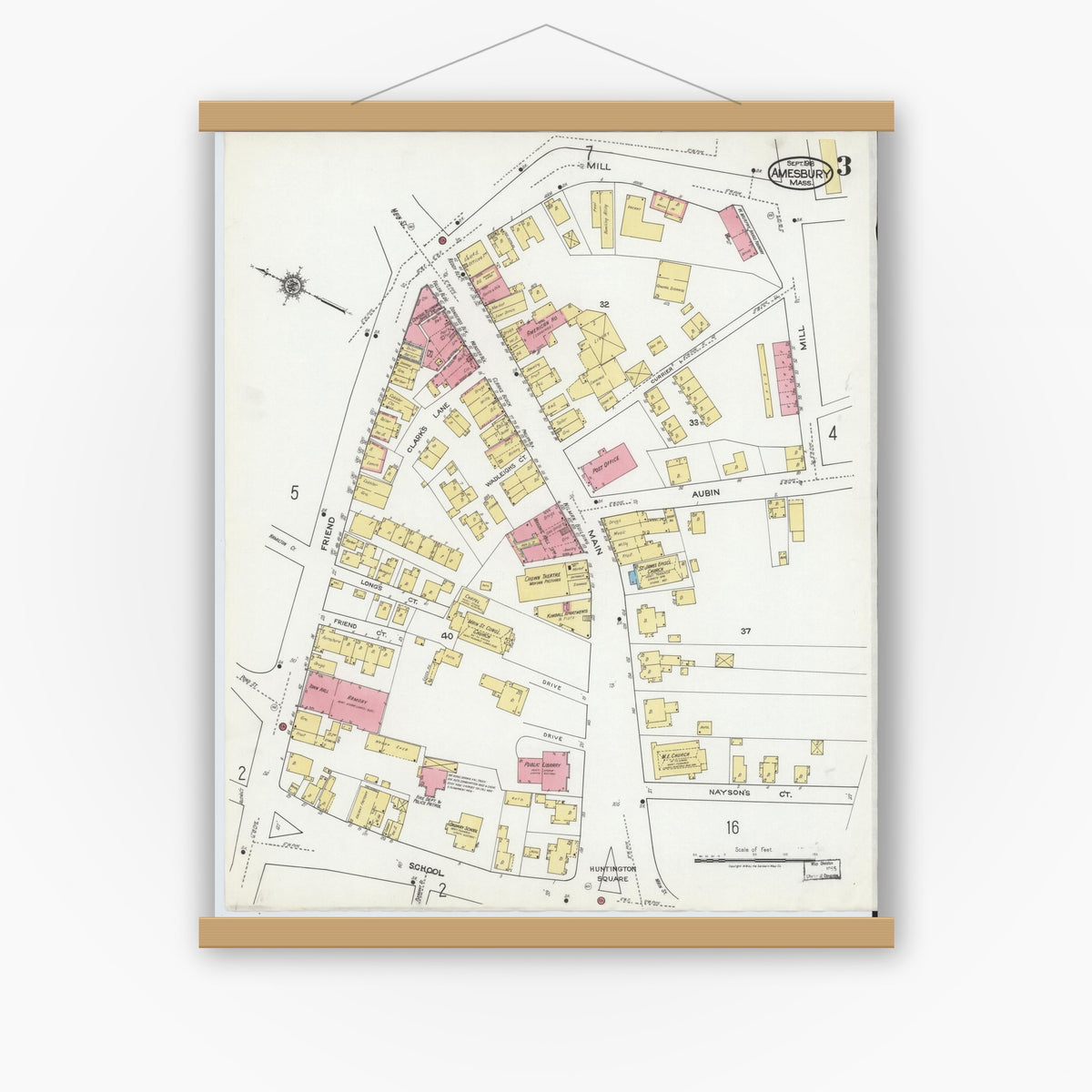Old map wall art mockup — magnetic wood frame on white wall — Sanborn Fire Insurance Map from Amesbury, Essex County, Massachusetts (1918), Sheet #0003