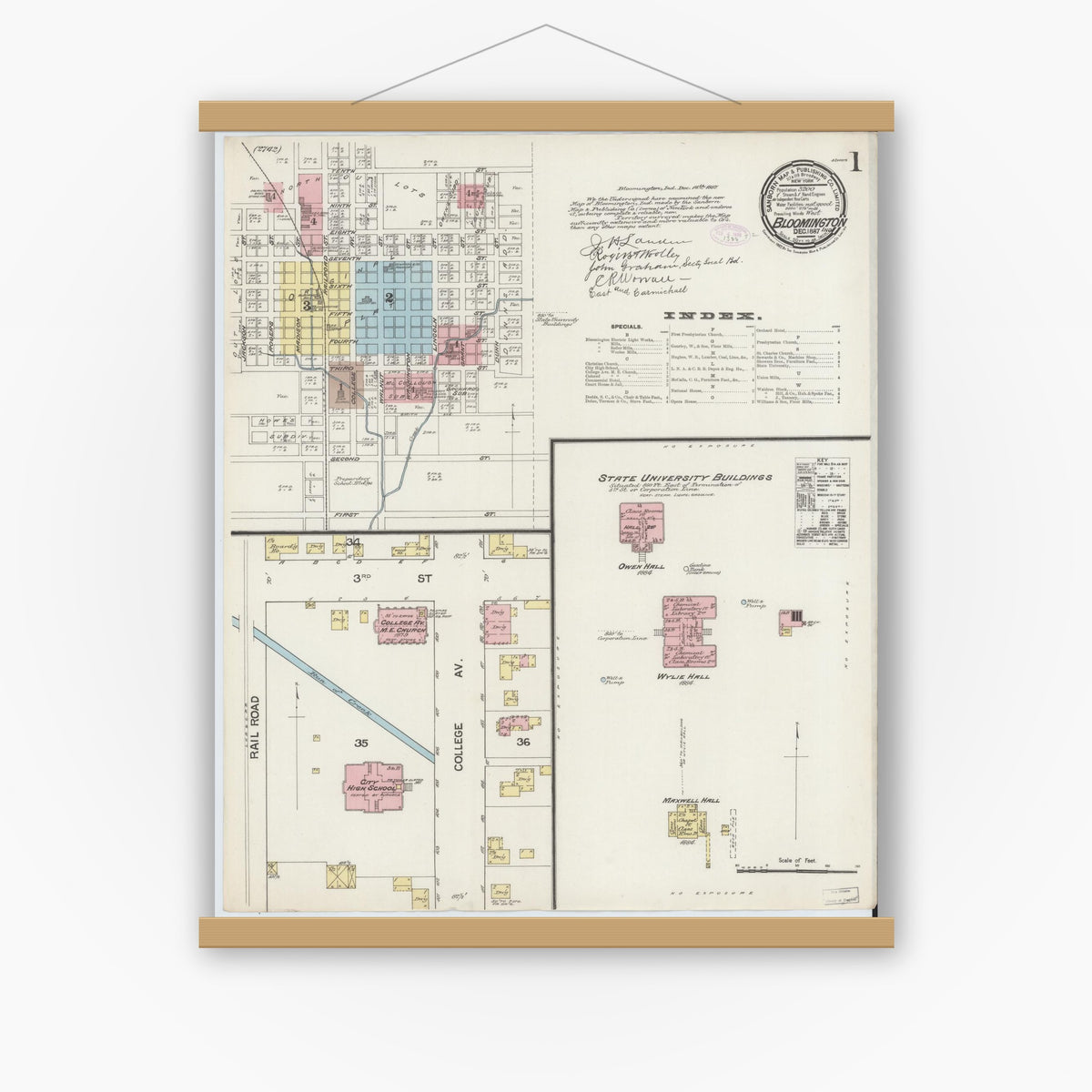 Old map wall art mockup — magnetic wood frame on white wall — Sanborn Fire Insurance Map from Bloomington, Monroe County, Indiana (1887) - Complete Map Set