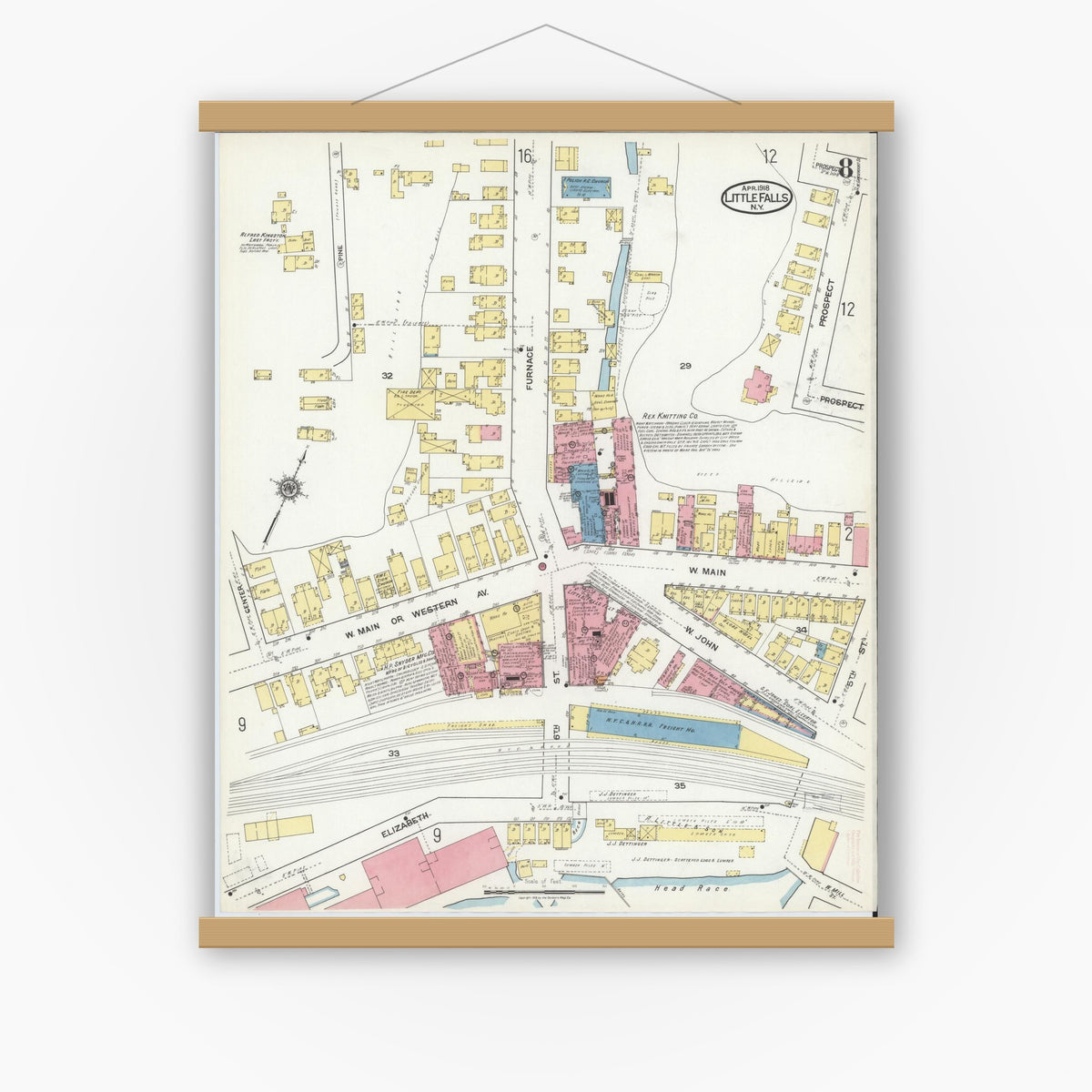 Old map wall art mockup — magnetic wood frame on white wall — Sanborn Fire Insurance Map from Little Falls, Herkimer County, New York (1918), Sheet #0008