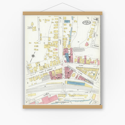 Old map wall art mockup — magnetic wood frame on white wall — Sanborn Fire Insurance Map from Little Falls, Herkimer County, New York (1918), Sheet #0008