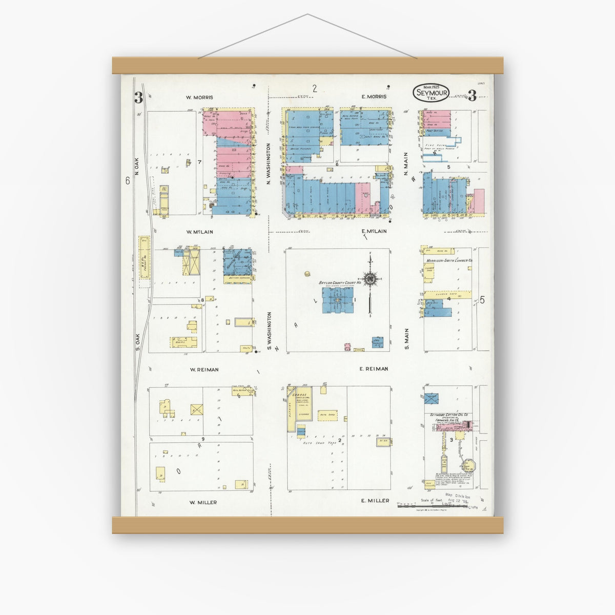 Old map wall art mockup — magnetic wood frame on white wall — Sanborn Fire Insurance Map from Seymour, Baylor County, Texas (1925), Sheet #0003