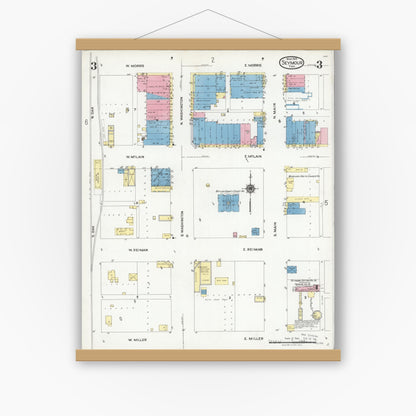 Old map wall art mockup — magnetic wood frame on white wall — Sanborn Fire Insurance Map from Seymour, Baylor County, Texas (1925), Sheet #0003