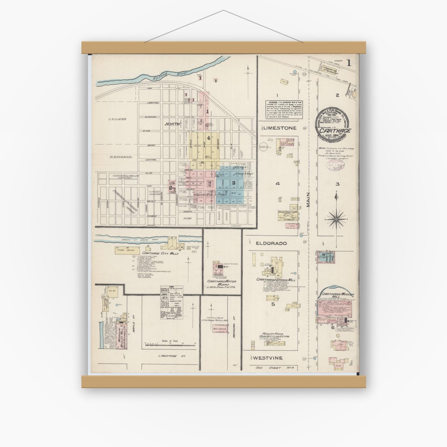 Old map wall art mockup — magnetic wood frame on white wall — Sanborn Fire Insurance Map from Carthage, Jasper County, Missouri (1884) - Complete Map Set