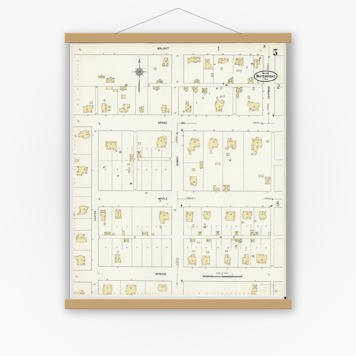 Old map wall art mockup — magnetic wood frame on white wall — Sanborn Fire Insurance Map from Whitewright, Grayson County, Texas (1912), Sheet #0005
