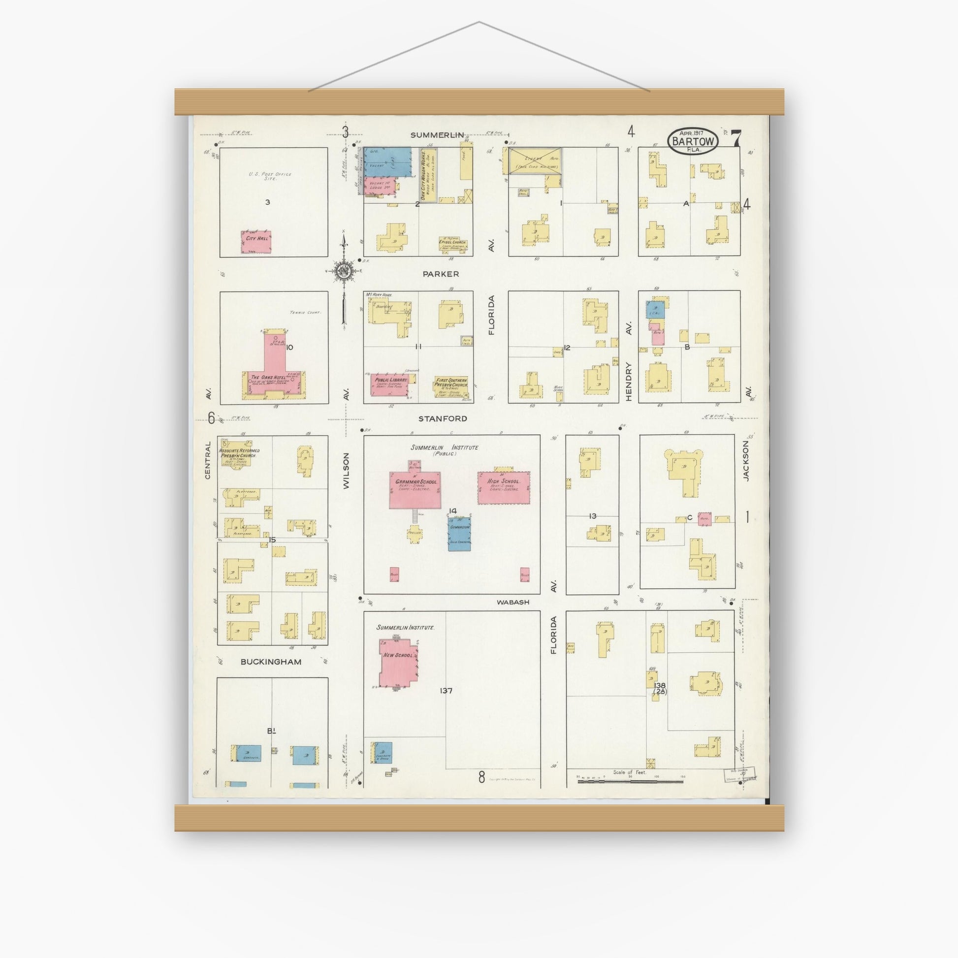 Old map wall art mockup — magnetic wood frame on white wall — Sanborn Fire Insurance Map from Bartow, Polk County, Florida (1917), Sheet #0007