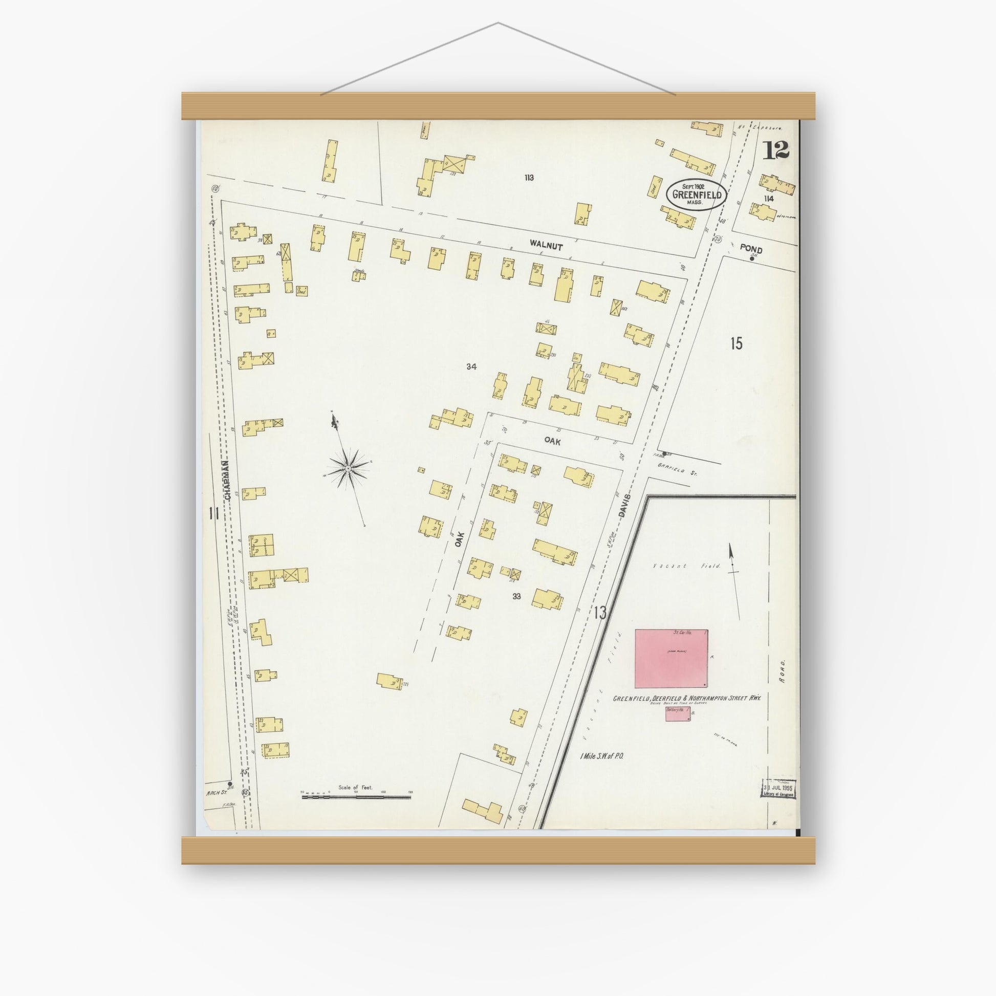 Old map wall art mockup — magnetic wood frame on white wall — Sanborn Fire Insurance Map from Greenfield, Franklin County, Massachusetts (1902), Sheet #0012