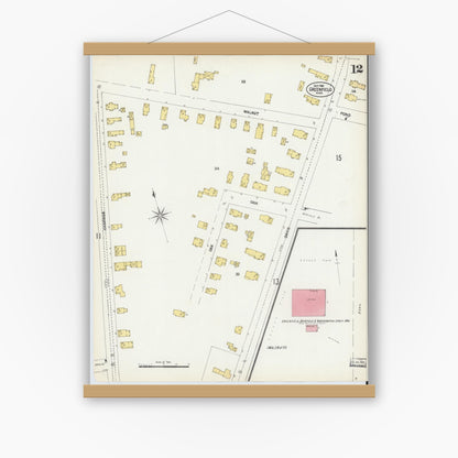 Old map wall art mockup — magnetic wood frame on white wall — Sanborn Fire Insurance Map from Greenfield, Franklin County, Massachusetts (1902), Sheet #0012