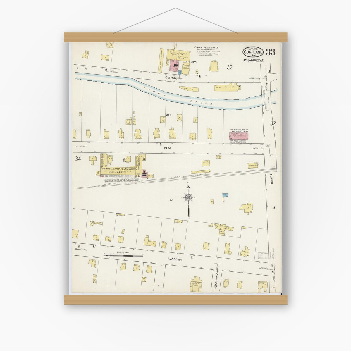Old map wall art mockup — magnetic wood frame on white wall — Sanborn Fire Insurance Map from Cortland, Cortland County, New York (1915), Sheet #0033