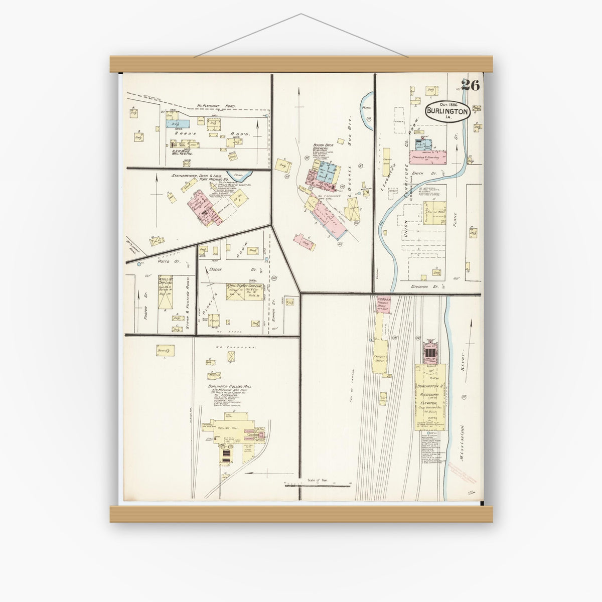 Old map wall art mockup — magnetic wood frame on white wall — Sanborn Fire Insurance Map from Burlington, Des Moines County, Iowa (1888), Sheet #0026