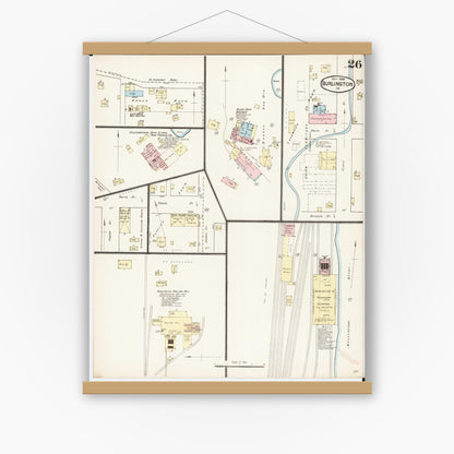 Old map wall art mockup — magnetic wood frame on white wall — Sanborn Fire Insurance Map from Burlington, Des Moines County, Iowa (1888), Sheet #0026