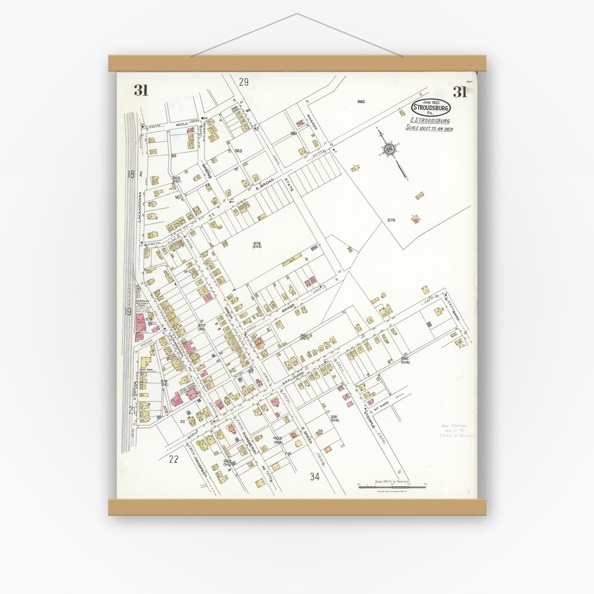 Old map wall art mockup — magnetic wood frame on white wall — Sanborn Fire Insurance Map from Stroudsburg, Monroe County, Pennsylvania (1923), Sheet #0031