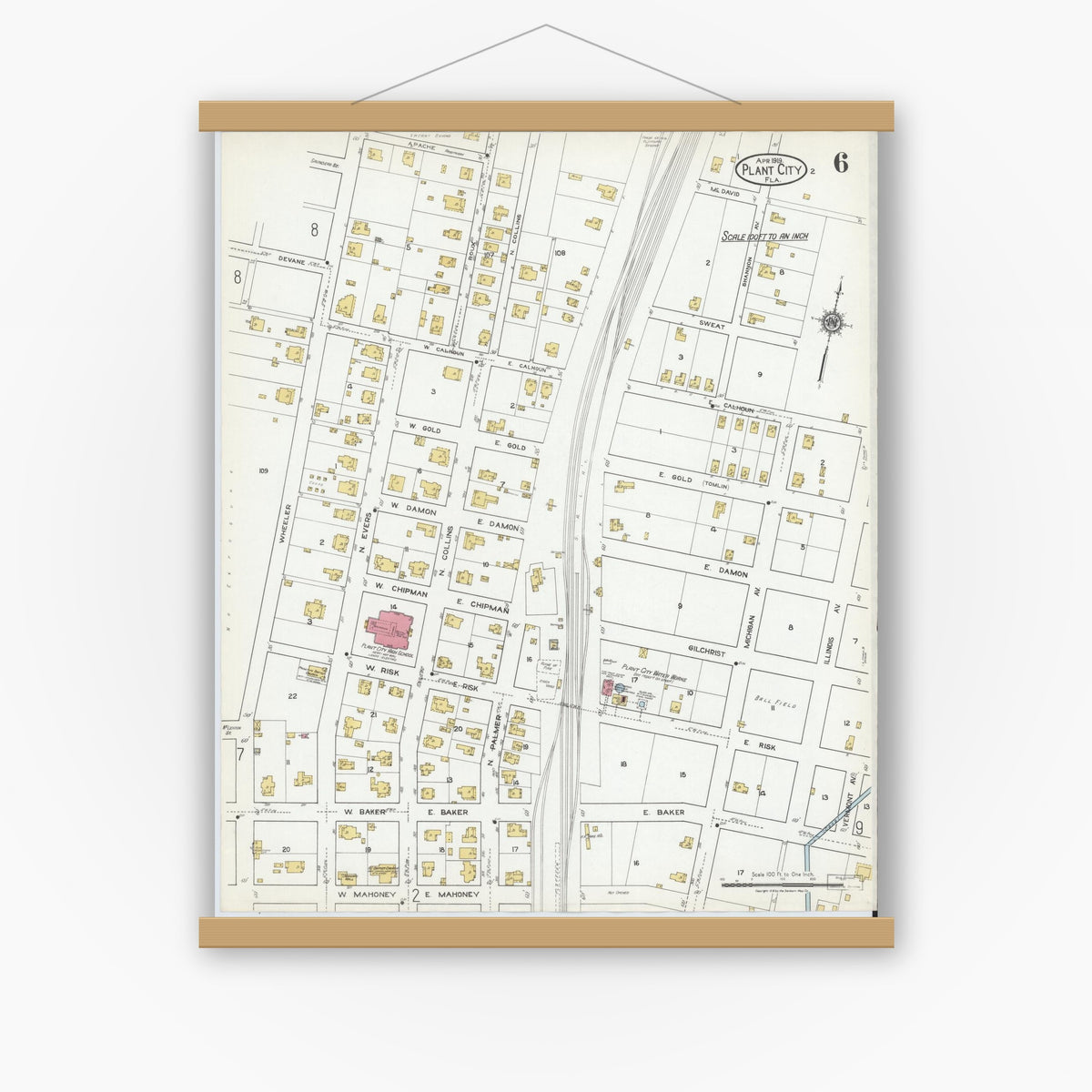 Old map wall art mockup — magnetic wood frame on white wall — Sanborn Fire Insurance Map from Plant City, Hillborough County, Florida (1919), Sheet #0006