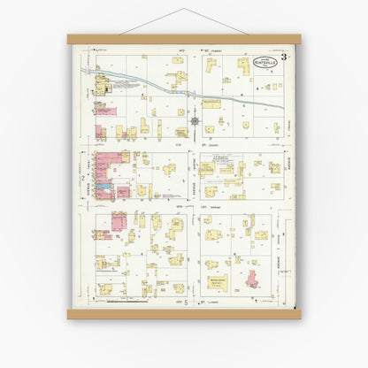 Old map wall art mockup — magnetic wood frame on white wall — Sanborn Fire Insurance Map from Huntsville, Walker County, Texas (1912), Sheet #0003