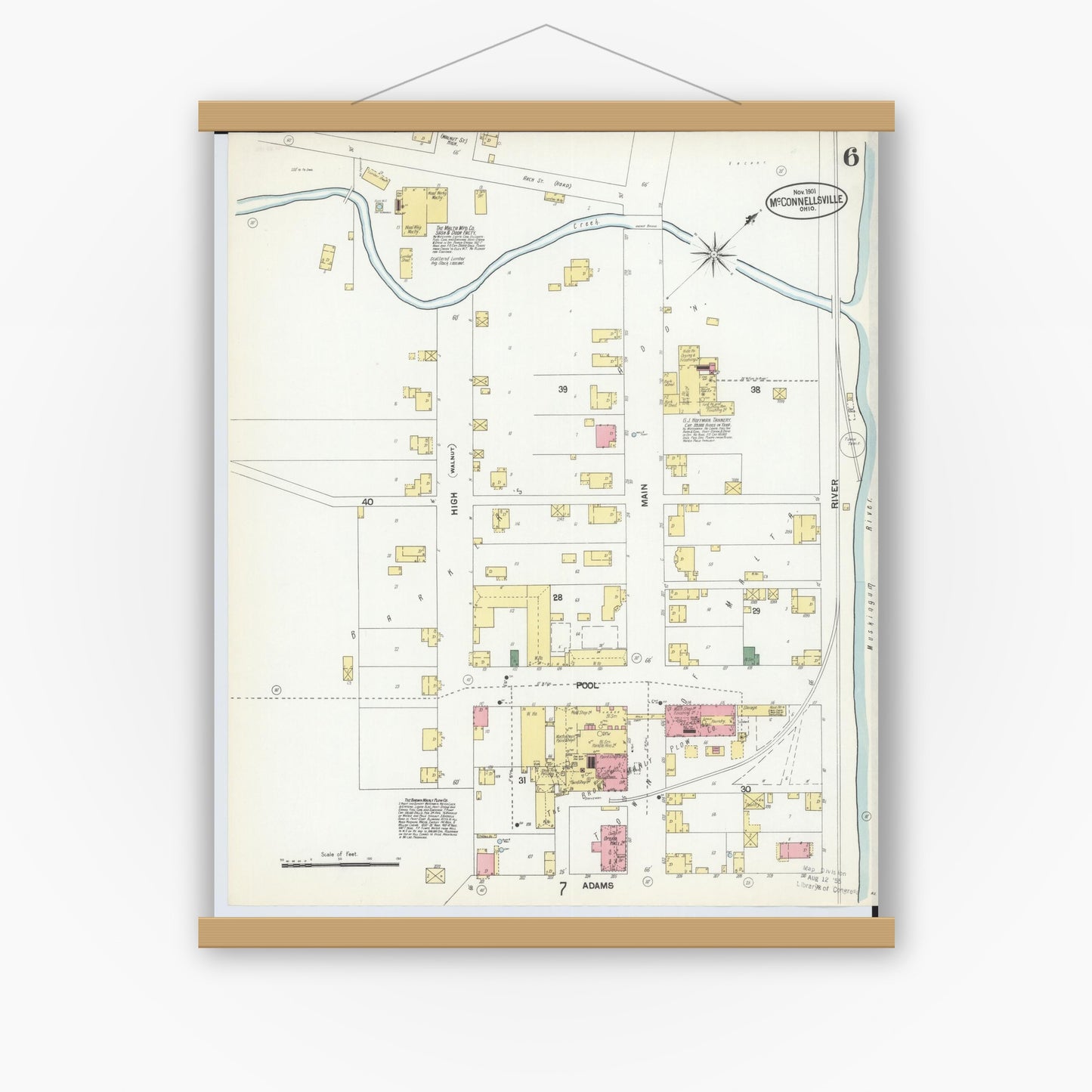 Old map wall art mockup — magnetic wood frame on white wall — Sanborn Fire Insurance Map from McConnelsville, Morgan County, Ohio (1901), Sheet #0006
