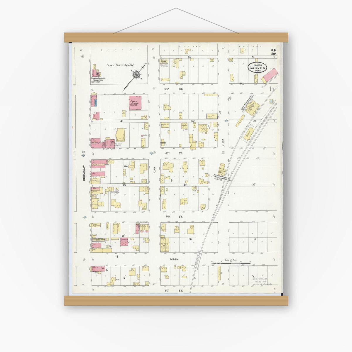 Old map wall art mockup — magnetic wood frame on white wall — Sanborn Fire Insurance Map from Carver, Carver County, Minnesota (1910), Sheet #0002