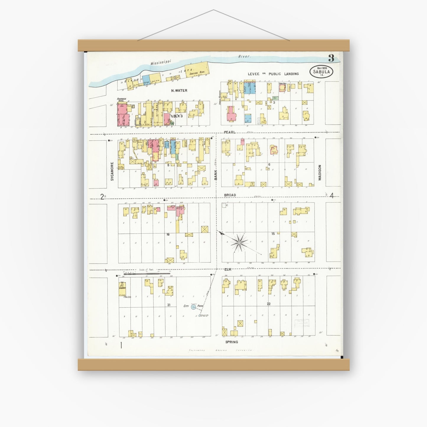 Old map wall art mockup — magnetic wood frame on white wall — Sanborn Fire Insurance Map from Sabula, Jackson County, Iowa (1899), Sheet #0003