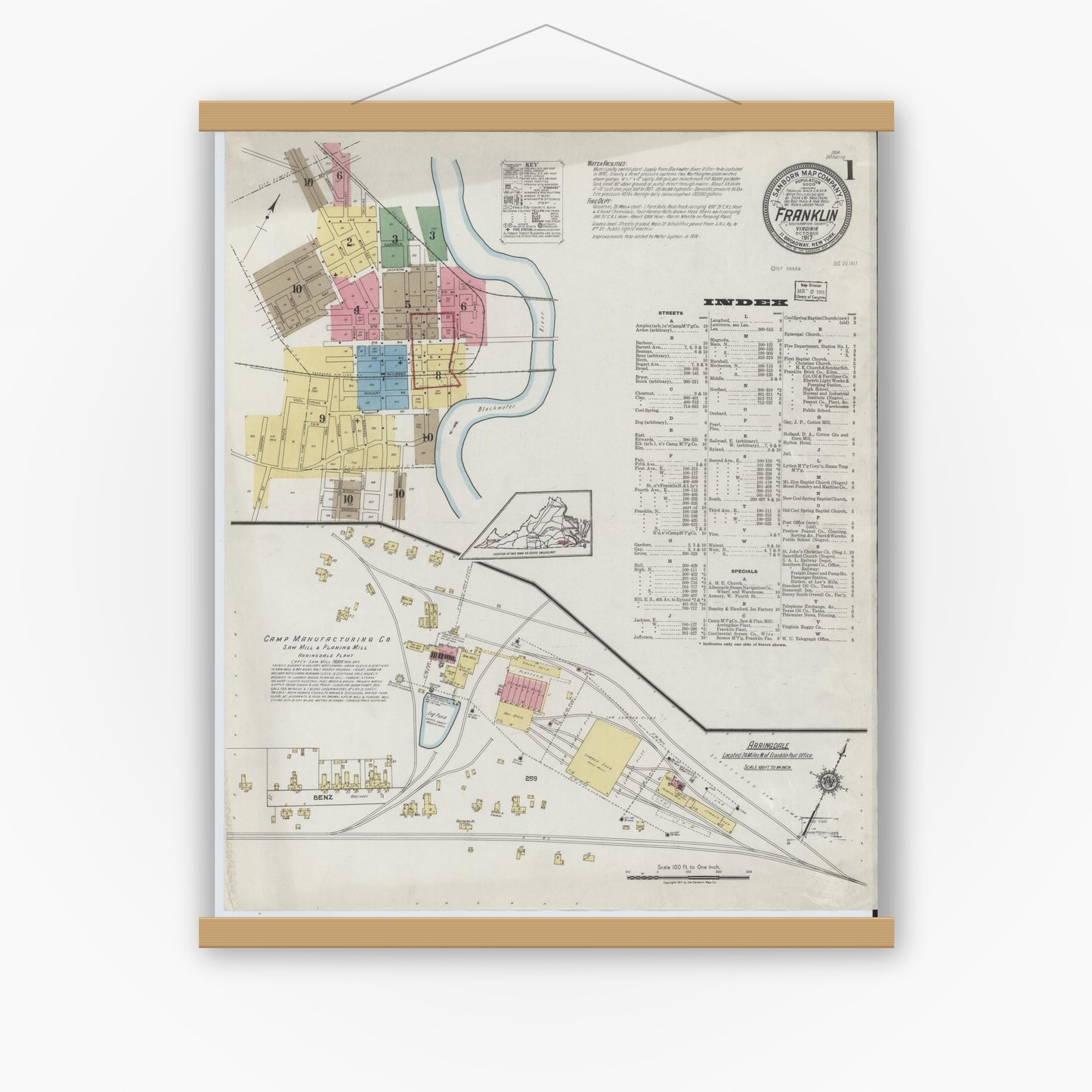 Old map wall art mockup — magnetic wood frame on white wall — Sanborn Fire Insurance Map from Franklin, Independent Cities, Virginia (1917) - Complete Map Set