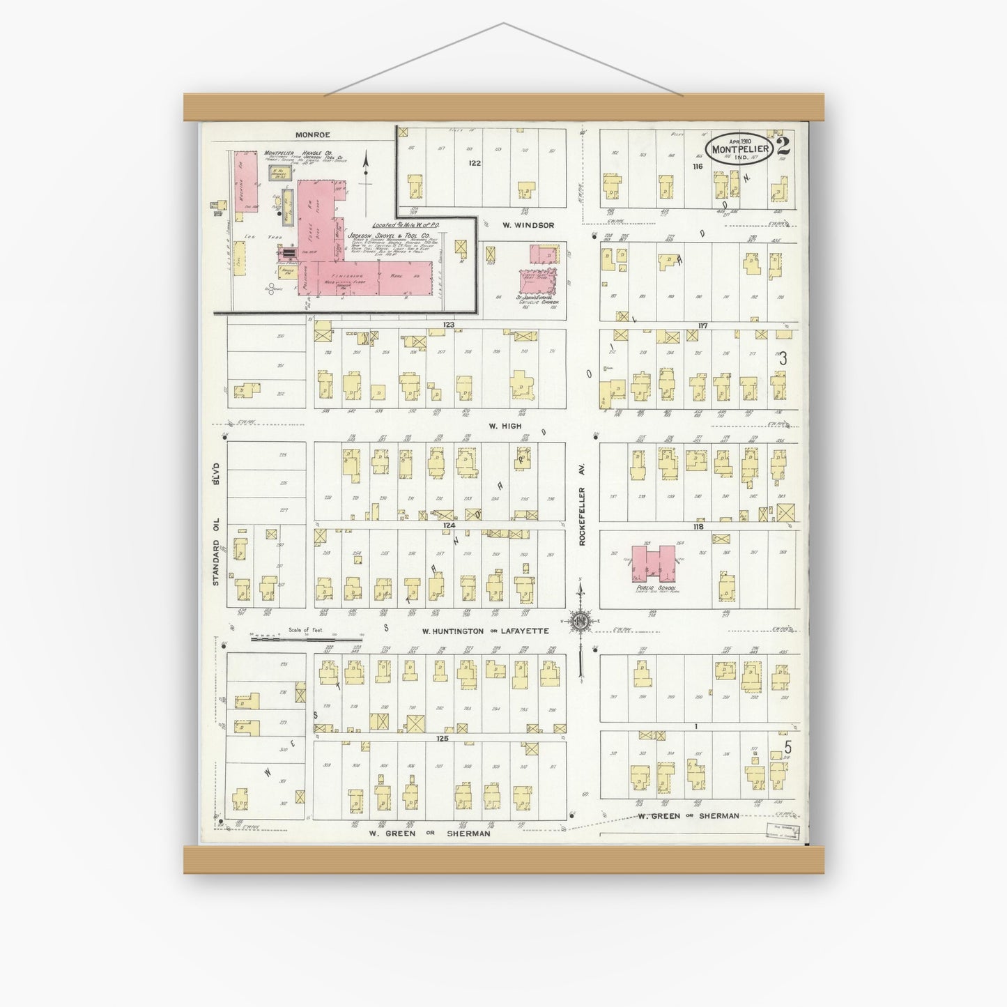 Old map wall art mockup — magnetic wood frame on white wall — Sanborn Fire Insurance Map from Montpelier, Blackford County, Indiana (1910), Sheet #0002