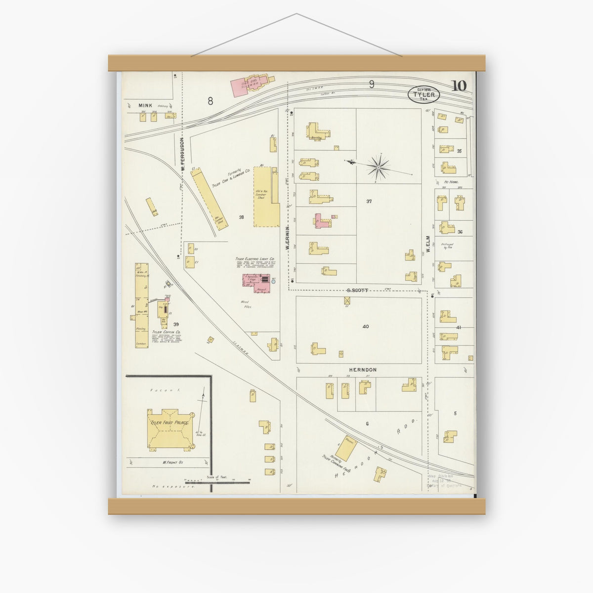 Old map wall art mockup — magnetic wood frame on white wall — Sanborn Fire Insurance Map from Tyler, Smith County, Texas (1898), Sheet #0010