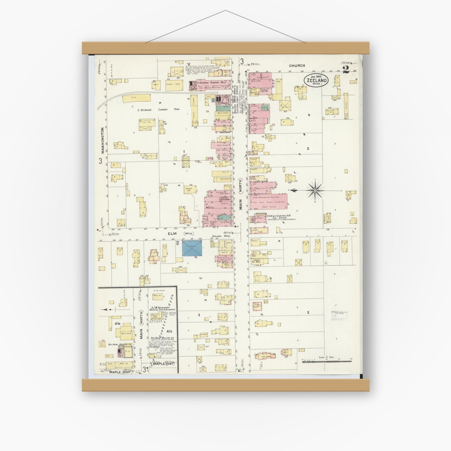 Old map wall art mockup — magnetic wood frame on white wall — Sanborn Fire Insurance Map from Zeeland, Ottawa County, Michigan (1908), Sheet #0002
