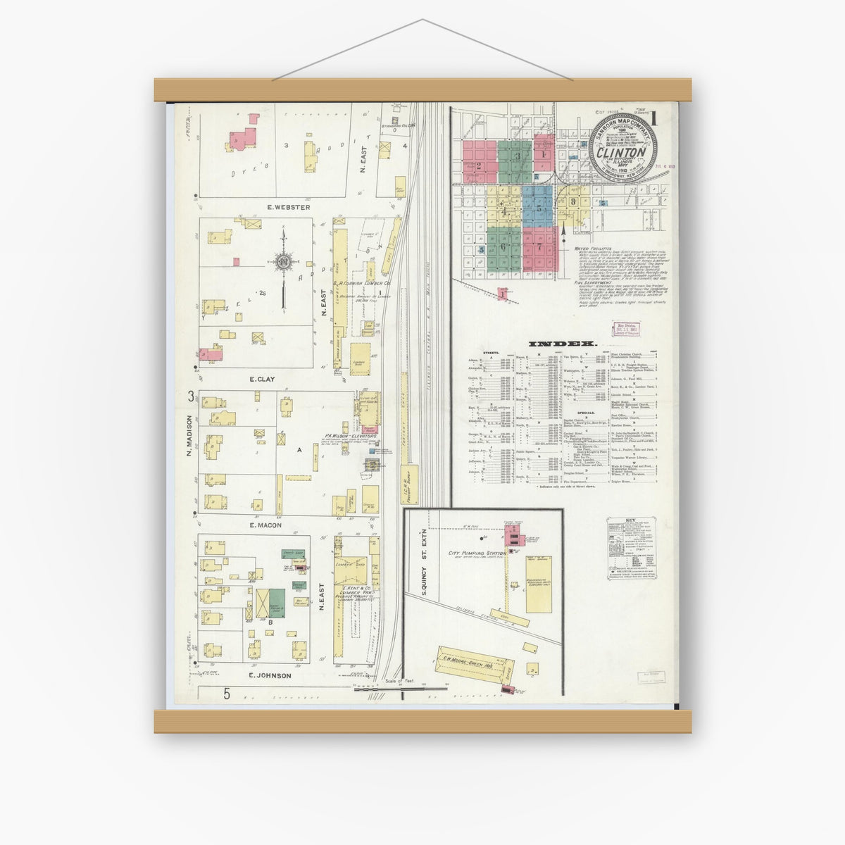Old map wall art mockup — magnetic wood frame on white wall — Sanborn Fire Insurance Map from Clinton, De Witt County, Illinois (1910) - Complete Map Set